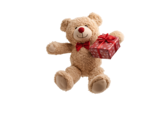photo of a soft cotton teddy bear holding a christmas gift floating in mid-air on isolated background
