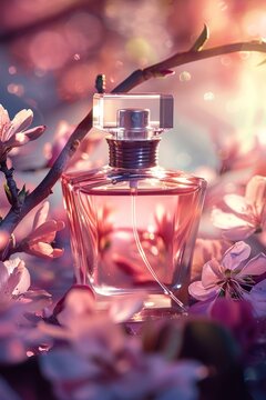 Floral Fantasy: Crystal perfume bottles nestled in a vibrant bouquet of daisies, ranunculus, and cosmos, bathed in warm sunlight, evoke a sense of spring and captivating fragrance.