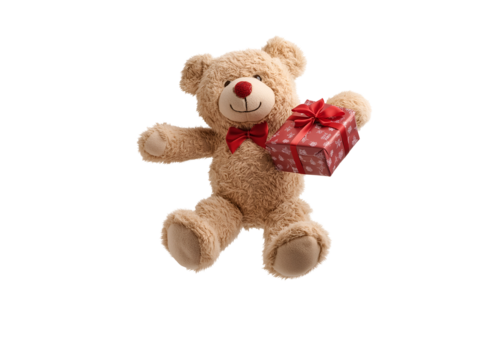 photo of a soft cotton teddy bear holding a christmas gift floating in mid-air on isolated background
