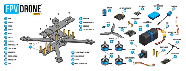 FPV Drone components. Isometric FPV drone parts isolated illustration on white background. Racing freestyle RC Drone. FPV drone Infographics © Pro_Vector