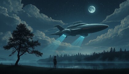 A spaceship hovers in the dark night sky above Earth, surrounded by an eerie, gloomy atmosphere. Generative AI.