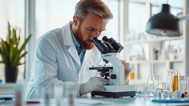 A veterinary pathologist examining tissue samples under a microscope in a lab setting, with soft lighting and a light solid color background