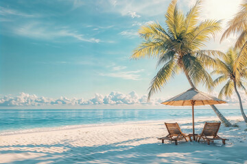 Obraz premium Two sunbeds stand on a white sand beach with palm trees in the background