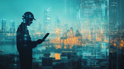 imagine Digital collage of data streams and modern technology elements. It features a silhouette of an industrial worker holding a laptop in front of him in a multiple exposure format. 
