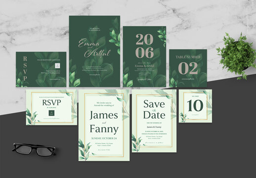 Green and Gold Floral Botanical Invitation Set