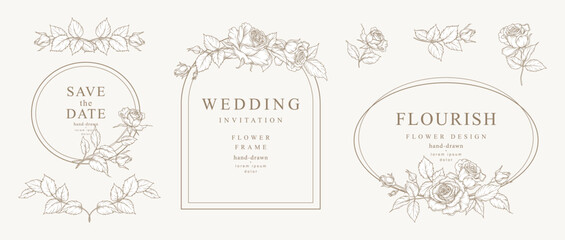 Luxury floral frames with Rose flowers and leaves. Vector vintage botanical illustration hand drawn in line art style for wedding invitation, save the date, card, logo, design, tattoo, greeting