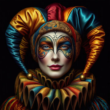 Portrait of a medieval Jester isolated on black.