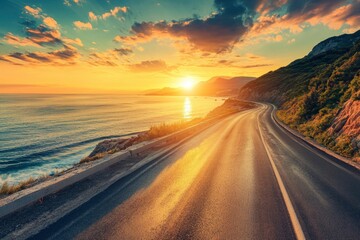 Fototapeta premium road landscape on summer in sunset. highway landscape at colorful sunset. Road view on the beach in summertime. colorful seascape with beautiful road scenery. Highway view on beach for vacation , ai