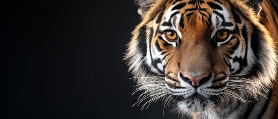 Fototapeta premium A tight shot of a tiger's eye against a black backdrop, concealing its fellow orb from view