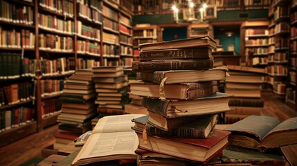 2. A stack of books piled high in the foreground, with a well-organized library in the background. The wooden table on which the books are stacked adds a rustic charm, while the rows of bookshelves