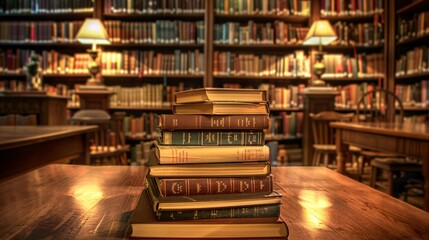 4. A stack of books sits prominently on a polished wooden table, with the expansive interior of a library in the background. The shelves are filled with a wide variety of books, creating an inviting