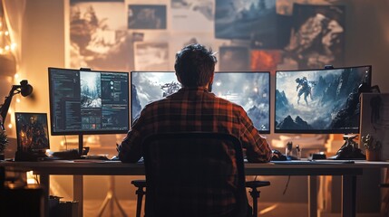 A video game producer sitting at a desk with multiple monitors, analyzing game design documents, surrounded by concept art