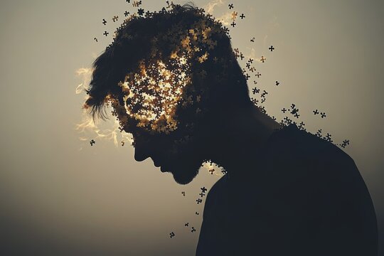Artistic profile of a man with a brain dissolving into particles symbolizing the fragility of memory identity and the transient nature of thought