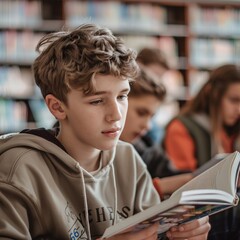 Obraz premium 5. A close-up of a Caucasian boy reading a novel in a library, with a slightly blurred background showing a group of students animatedly discussing their lessons and school projects