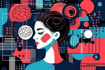 Abstract illustration of a woman with colorful puzzle pieces and geometric patterns representing the modern intersection of technology creativity and the human mind in the digital age