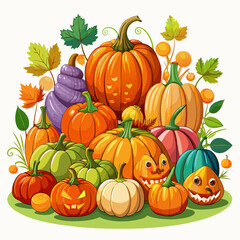 A Cluster of Pumpkins with Festive Autumnal Leaves