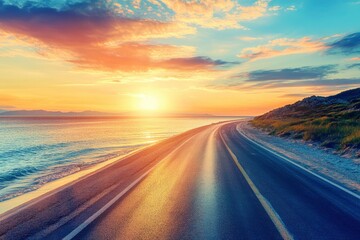 Naklejka premium road landscape on summer in sunset. highway landscape at colorful sunset. Road view on the beach in summertime. colorful seascape with beautiful road scenery. Highway view on beach for vacation , ai