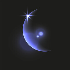 Beautiful shine Crescent with highlight star isolated black background. Half moon in the dark. Future dusk color vector light aesthetic for graphic design.