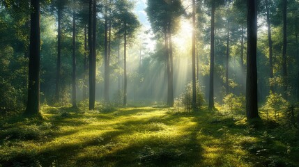Obraz premium Serene Forest with Sun Rays and Mist