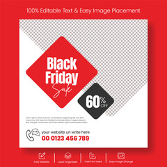Editable Black Friday Sale square flyer or poster template for social media posts, banner, ads, design, ecommerce web or internet ads. Trendy sale discount offer square template