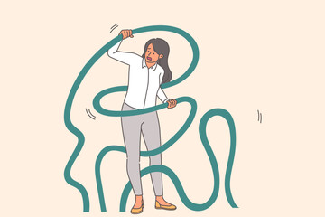 Woman is entangled in problems and troubles, and needs help to get out of binding ropes