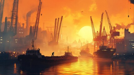 Obraz premium A water transport worker loading cargo onto a barge at a bustling port, surrounded by cranes and watercraft