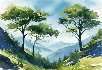 Naklejka premium Peaceful Forest Scenery with Mountains in the Background