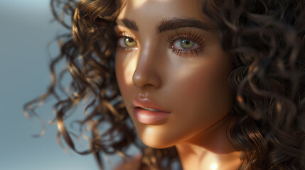 Fototapeta premium A close-up portrait of a woman with curly hair and striking green eyes, bathed in soft ambient light, highlighting her natural beauty