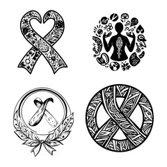 black and white vector illustration of icons around world cancer day