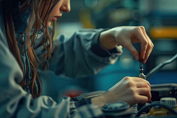 Female auto mechanic unscrewing a nut to replace a car spark plug.