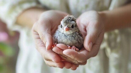 A wildlife rehabilitator gently cradling a rescued baby bird in their hands, showcasing the bond between human and animal