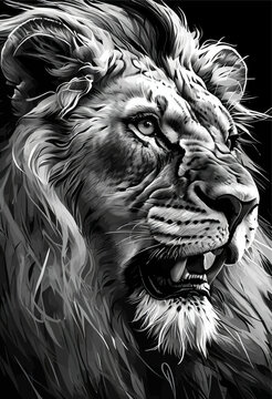 Roaring Lion's Mane: A Majestic Black and White Portrait