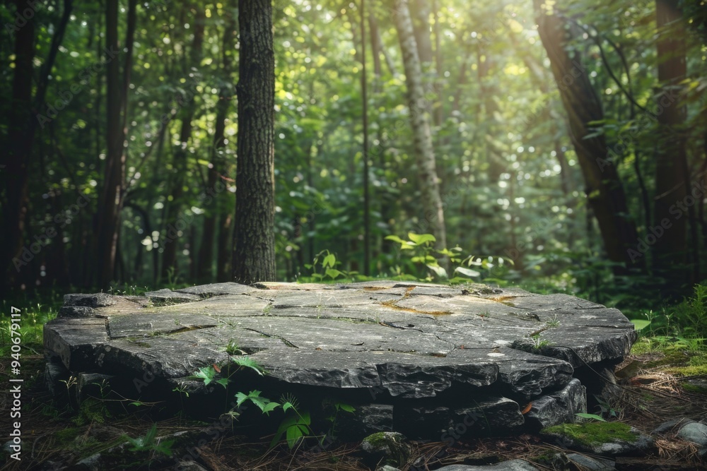 Poster stone platform in a lush green forest, sunlight filtering through the trees