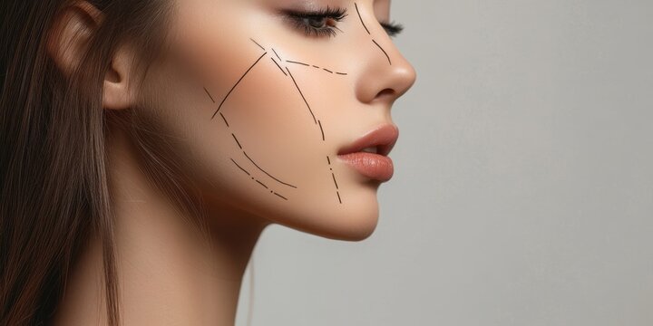 Lines indicating plastic surgery procedures on a female model's face for aesthetic modifications