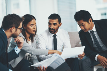 Office, lawyers and business people with paperwork for discussion, legal advice and compliance in meeting. Boardroom, attorneys and documents in law firm for court case, legislation and feedback