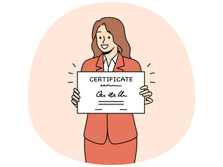 Business woman holds certificate confirming completion of professional courses and additional education. Smiling girl rejoices at receiving certificate after passing business training