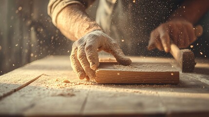 A woodworker focused on sanding a wooden surface, with a light solid color background highlighting the elegance of the wood