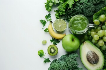 Fresh Green Ingredients Including Avocado, Kiwi, Apple, and Kale Arranged for a Healthy Smoothie. Generative AI
