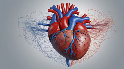 Ultra-HD 3D Digital Illustration of a Human Heart with Sharp Red and Blue Pulse Lines, Vivid Detail, Crystal-Clear Rendering