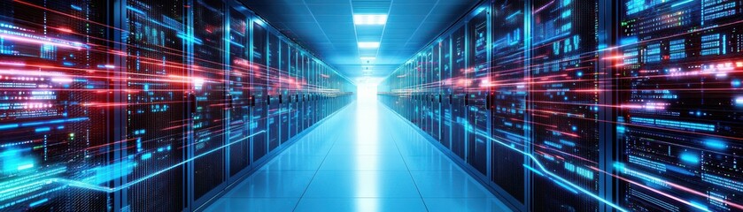 Futuristic data center corridor illuminated with vibrant lights, showcasing advanced technology and network connectivity.