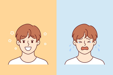 Little boy smiles and begins to cry due to fatigue or problems with socialization. Psychological and bipolar disorder in pre-teen child is caused by lack of conditions for raising children