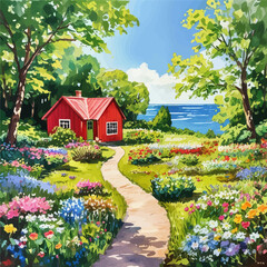 Vibrant Garden Path Leading to Red Cottage by the Sea