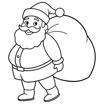 recommend clip art: Christmas outline vector santa claus with a bag of gifts black on white