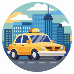 Yellow Taxi Driving Through Cityscape with Skyline