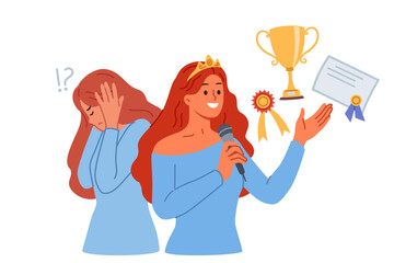 Woman with impostor syndrome experiences stress despite having victories and achievements in life. Psychological problems and impostor syndrome in girl standing near cup and certificate