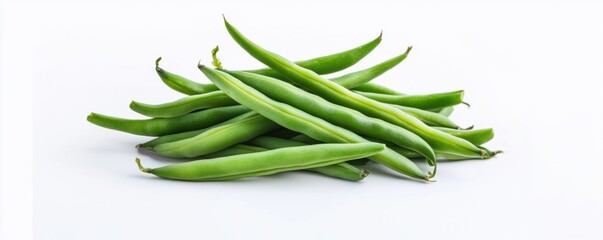 Fototapeta premium Fresh and crisp green beans in a scattered arrangement, depicted in watercolor style against a white background.