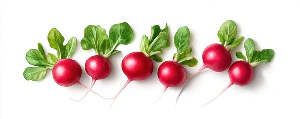 Radishes with bold red roots and white tips, featuring leafy greens attached, depicted in watercolor style against a white background.