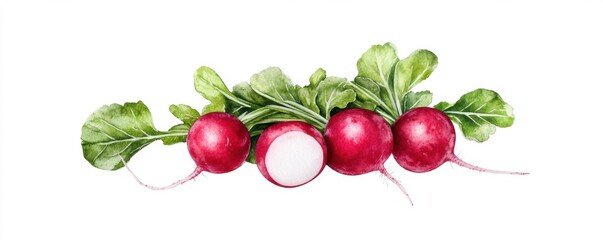 Radishes with bold red roots and white tips, featuring leafy greens attached, depicted in watercolor style against a white background.