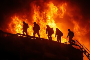 Fototapeta premium Silhouetted Firefighters Against a Blazing Inferno