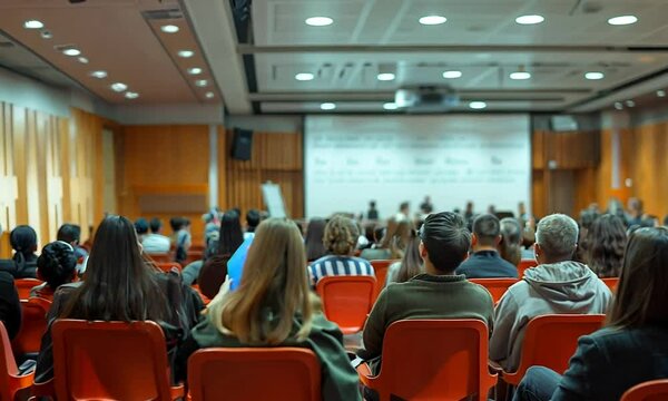 Back view of an audience in an auditorium with red seats and a projector screen in front of them